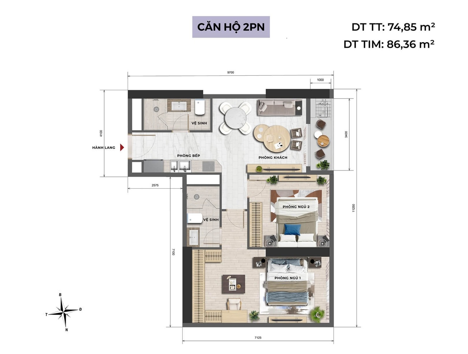 căn hộ 2 phòng ngủ sun group ciputra