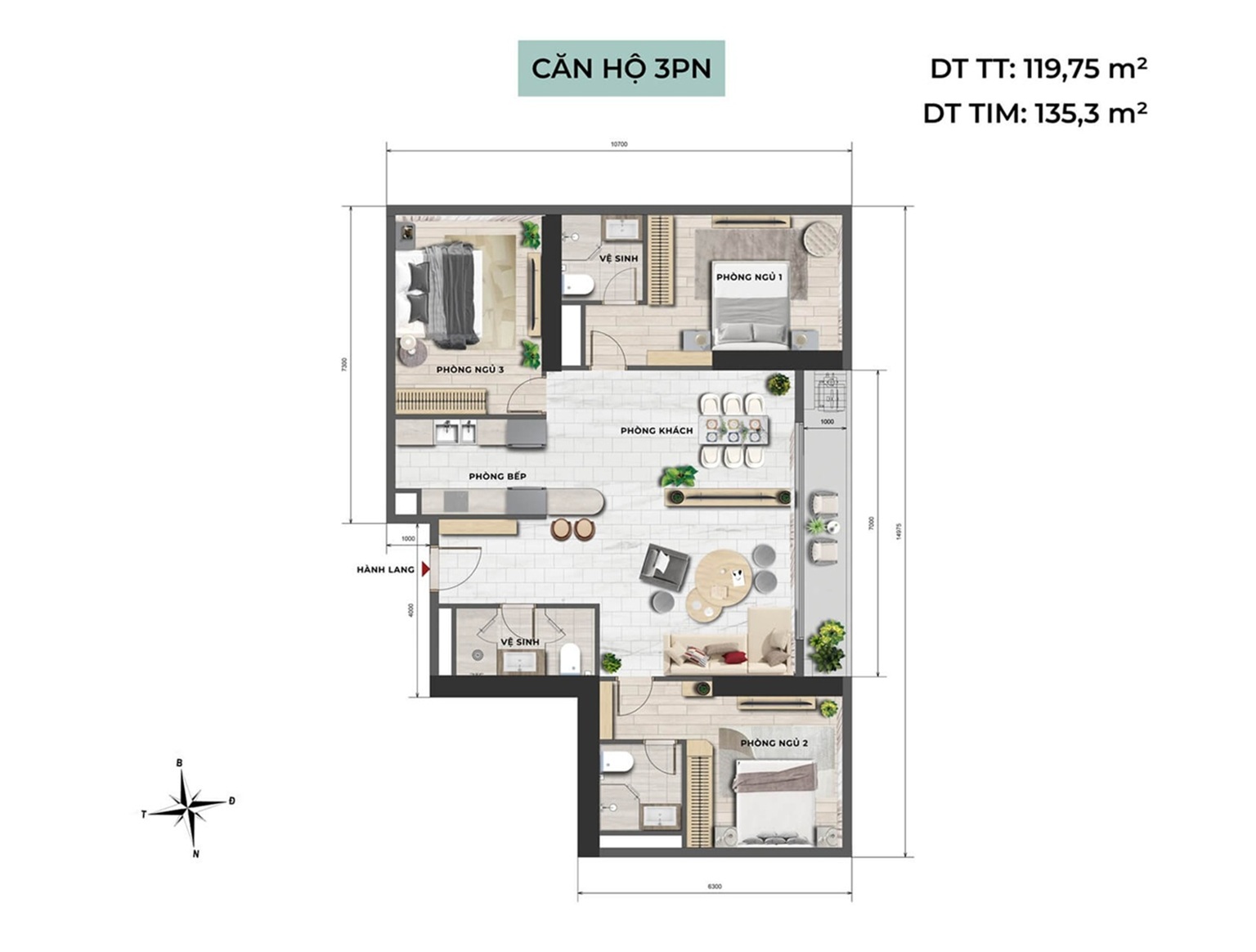 căn hộ 3 phòng ngủ sun group ciputra