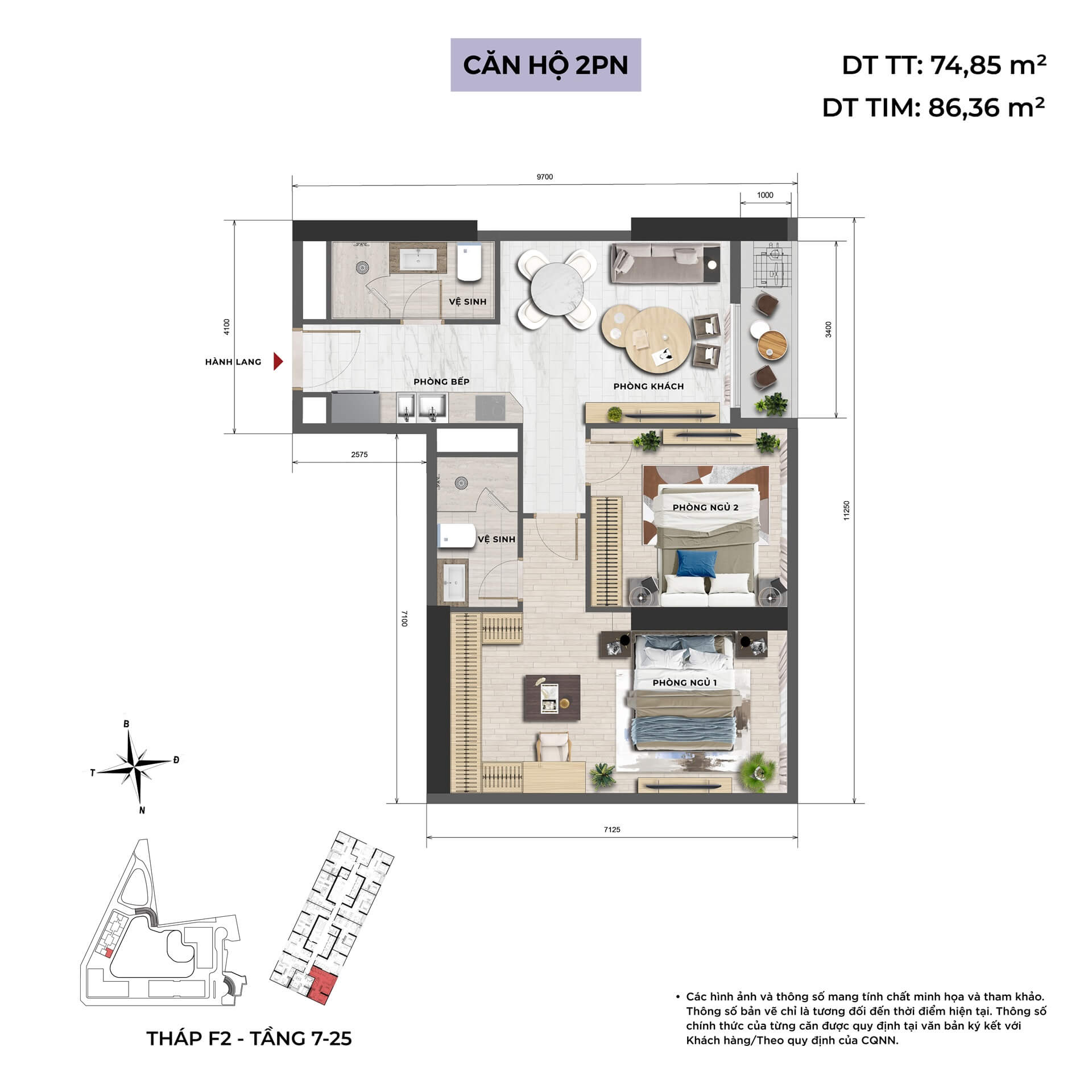 thiết kế căn hộ 2 phòng ngủ dự án sun group mê linh